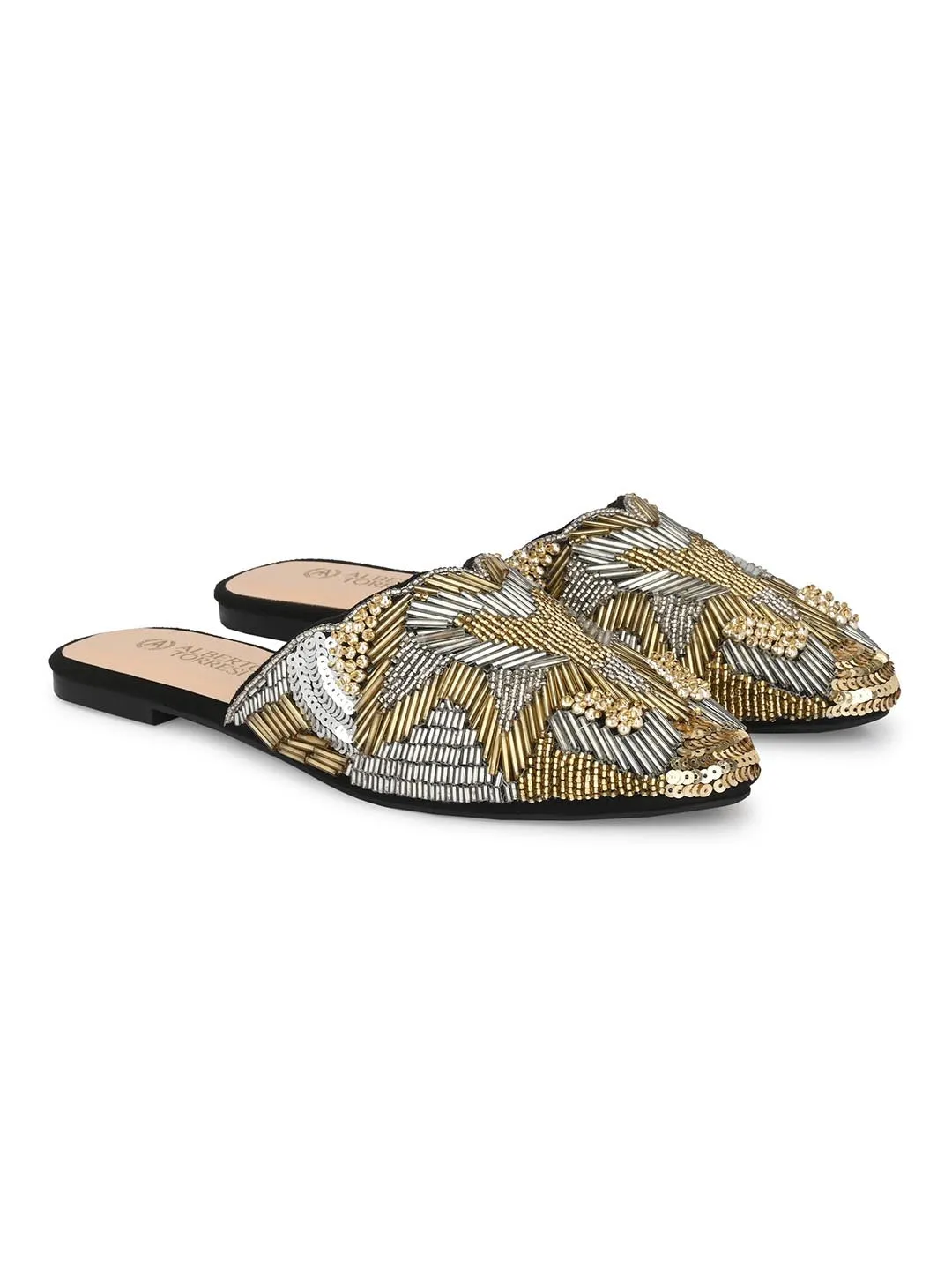 Alberto Torresi Synthetic Black Gold Flat Mule Sandals for women