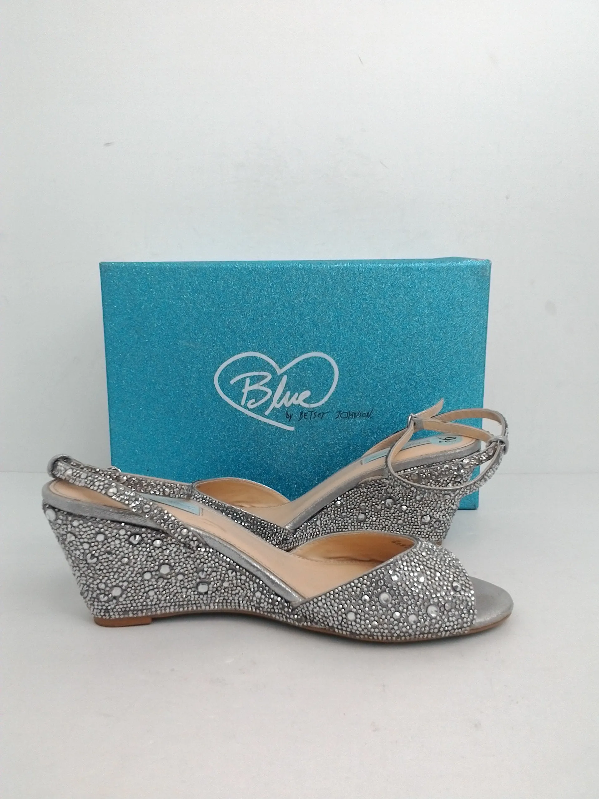 Blue Betsey Johnson Women's Elora Silver Wedge Sandal Size 9.5 M