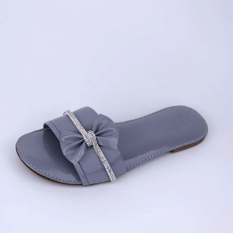 Bow Rhinestone Strap Slippers Glossy Shine Sole Comfortable Flat Slides