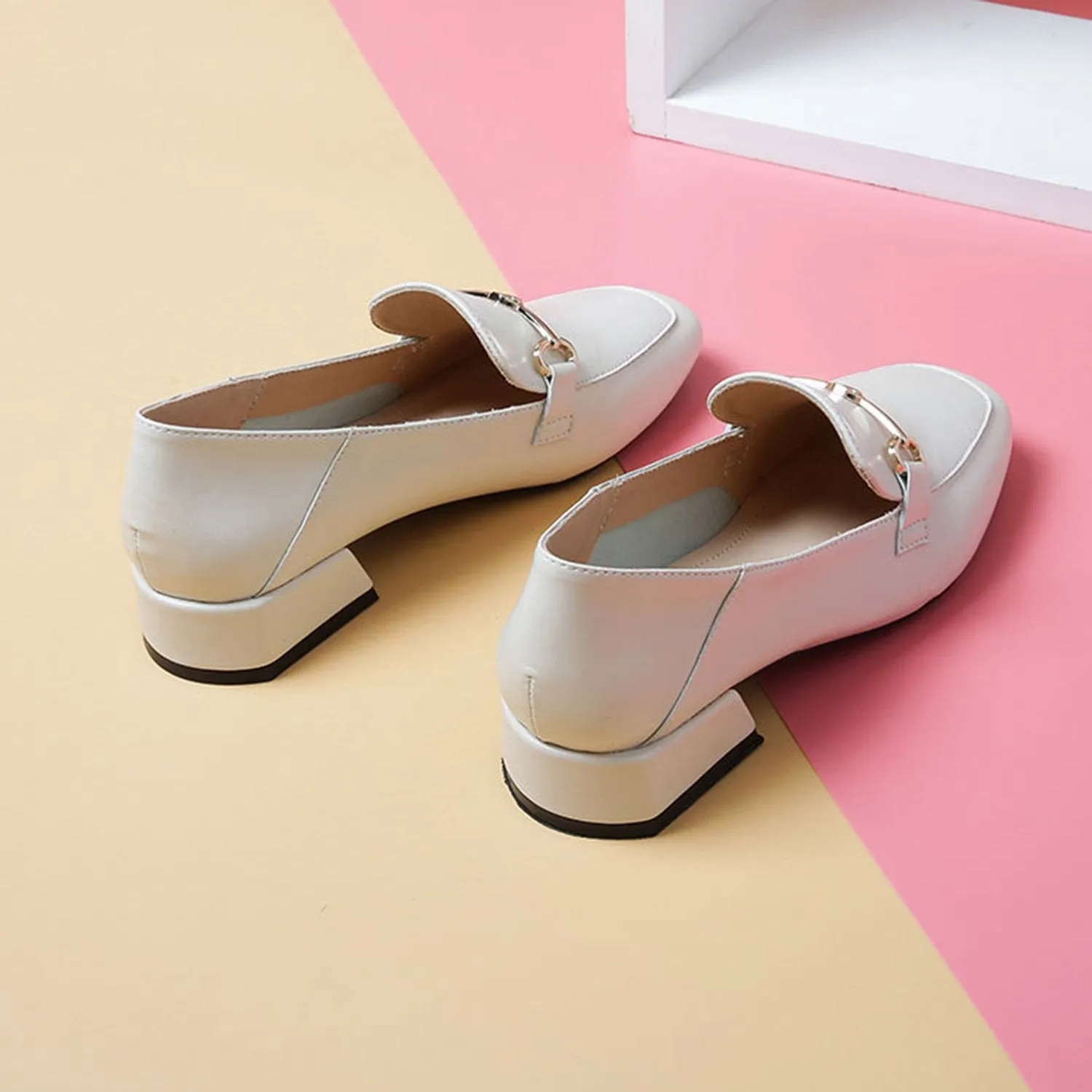 Buckle Leather Thick Heel Loafers