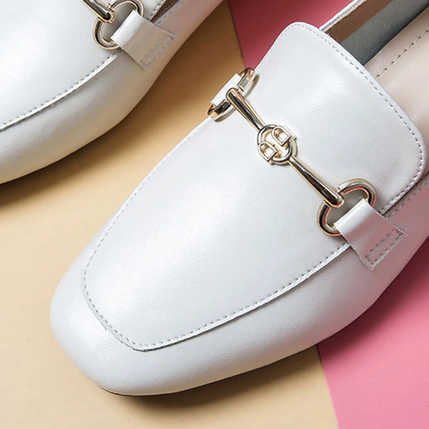 Buckle Leather Thick Heel Loafers