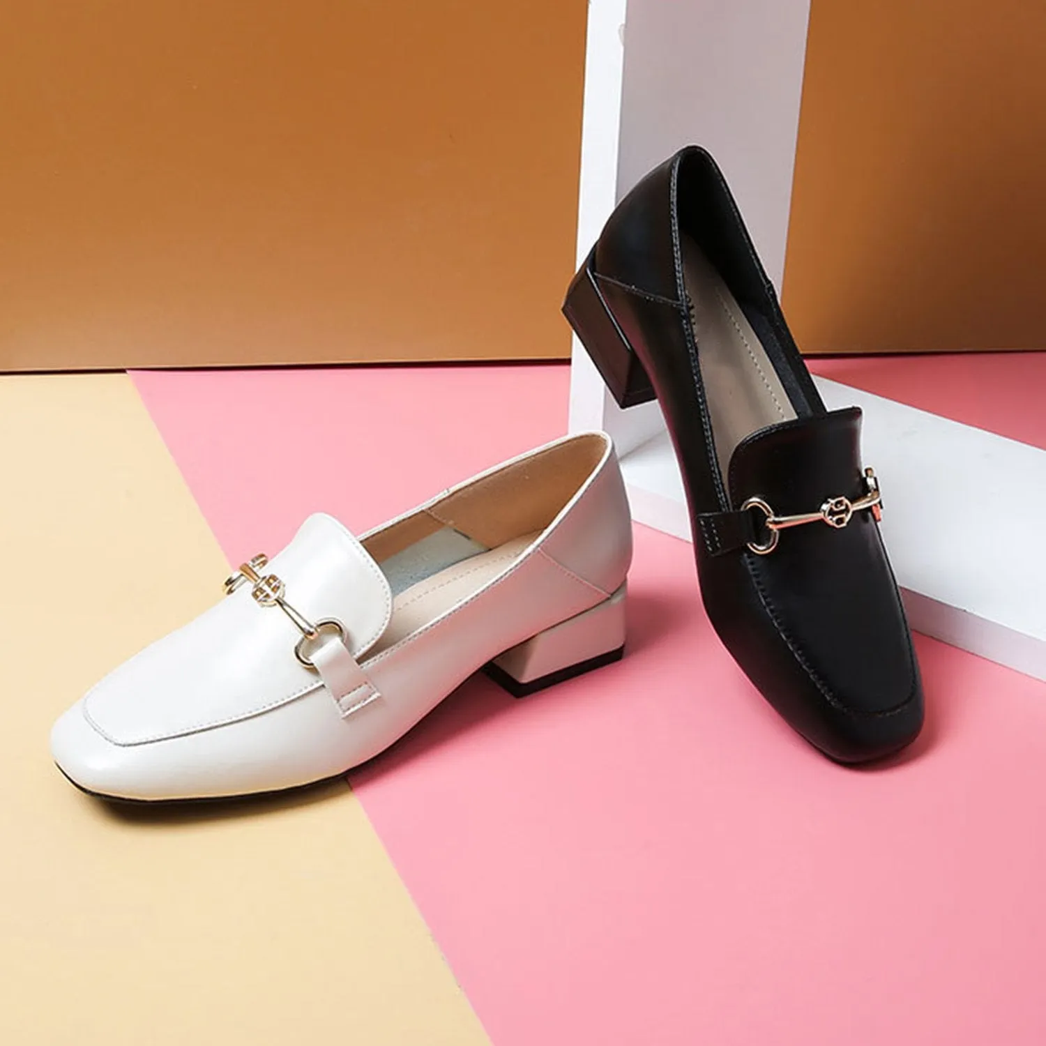 Buckle Leather Thick Heel Loafers