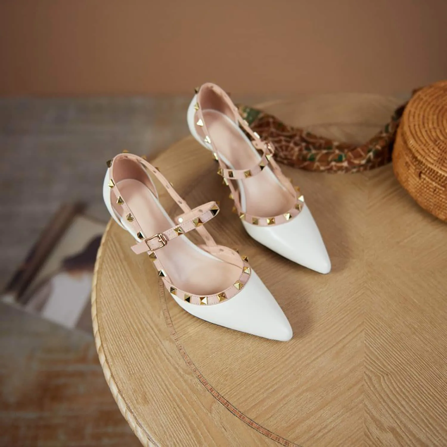 Buckle Rivet Pointed Toe Mid-heel Shoes