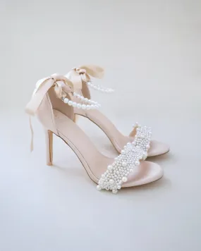 Champagne Satin High Heel Evening Sandals with Perla Applique