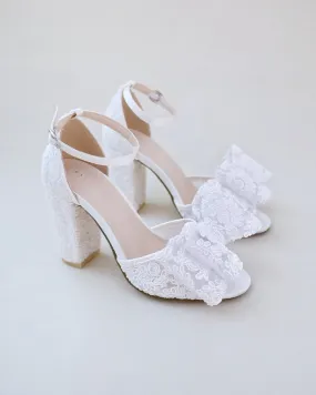 Crochet Lace Block Heel Sandals with Oversized Lace Bow