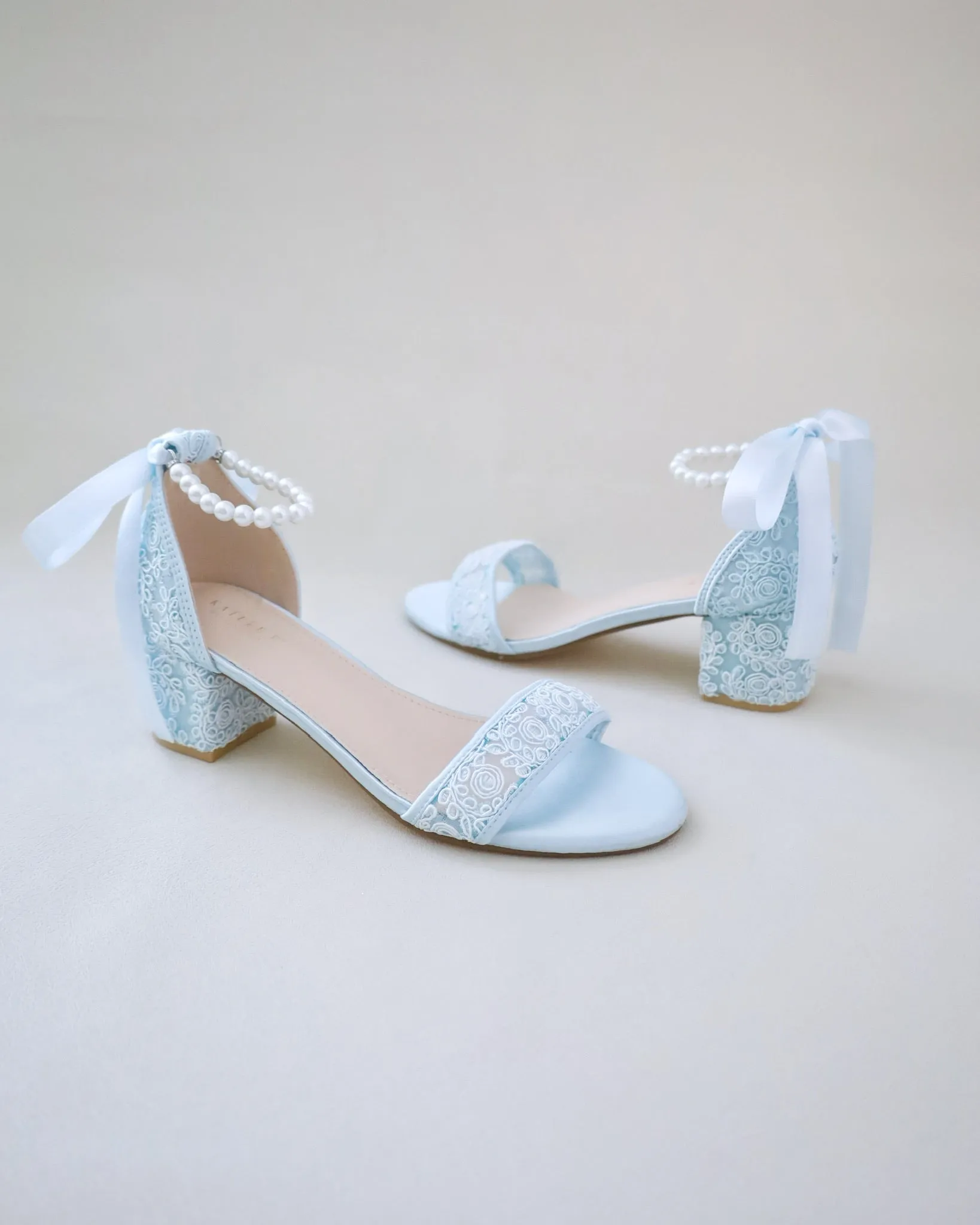 Crochet Lace Block Heel Wedding Sandals with Pearl Ankle Strap