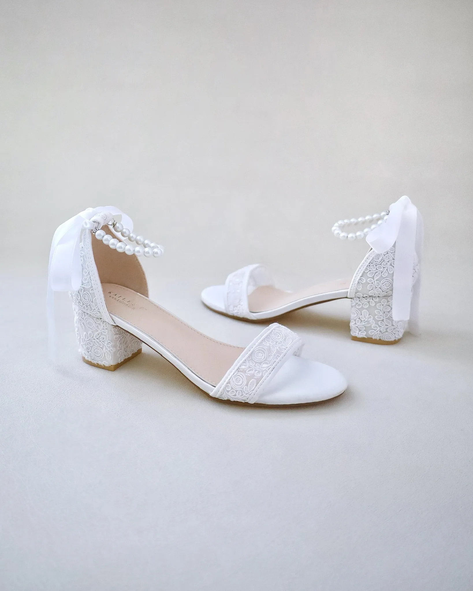 Crochet Lace Block Heel Wedding Sandals with Pearl Ankle Strap