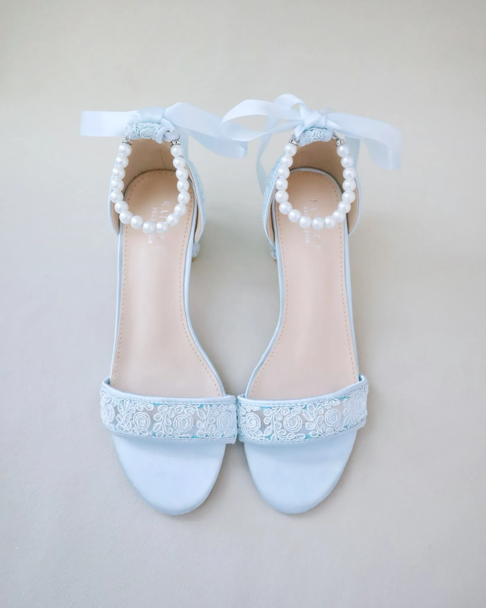 Crochet Lace Block Heel Wedding Sandals with Pearl Ankle Strap