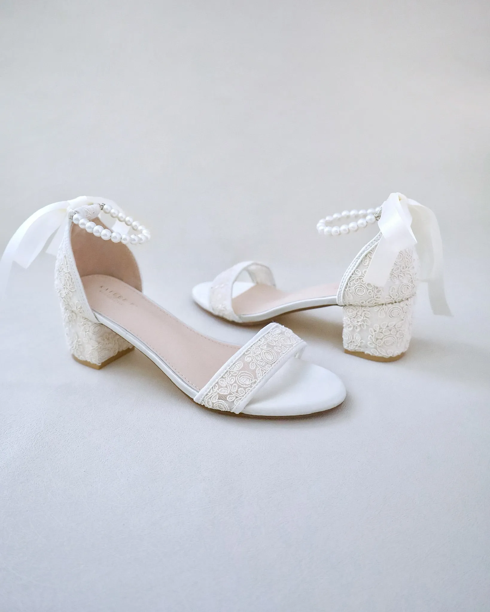 Crochet Lace Block Heel Wedding Sandals with Pearl Ankle Strap