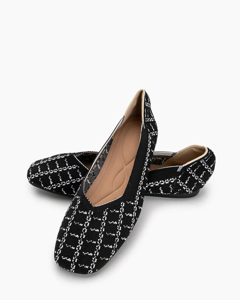 Houndstooth Pattern V-Cut Square Toe Ballet Flats