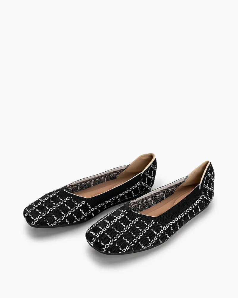 Houndstooth Pattern V-Cut Square Toe Ballet Flats