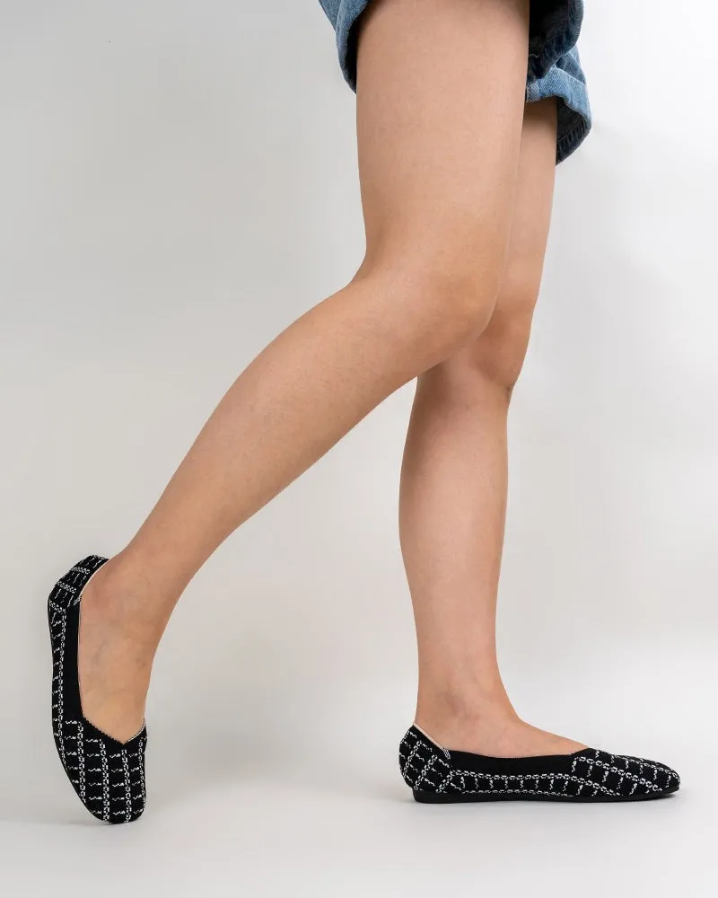 Houndstooth Pattern V-Cut Square Toe Ballet Flats