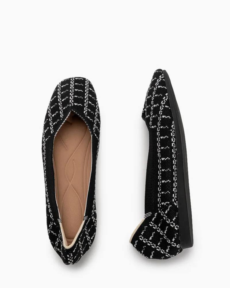 Houndstooth Pattern V-Cut Square Toe Ballet Flats