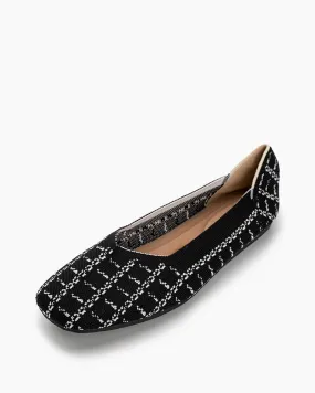 Houndstooth Pattern V-Cut Square Toe Ballet Flats