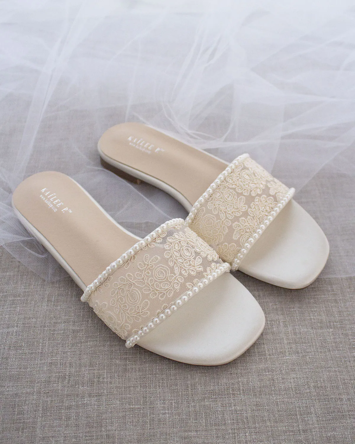 Ivory Crochet Slip on Sandals with Mini Pearls