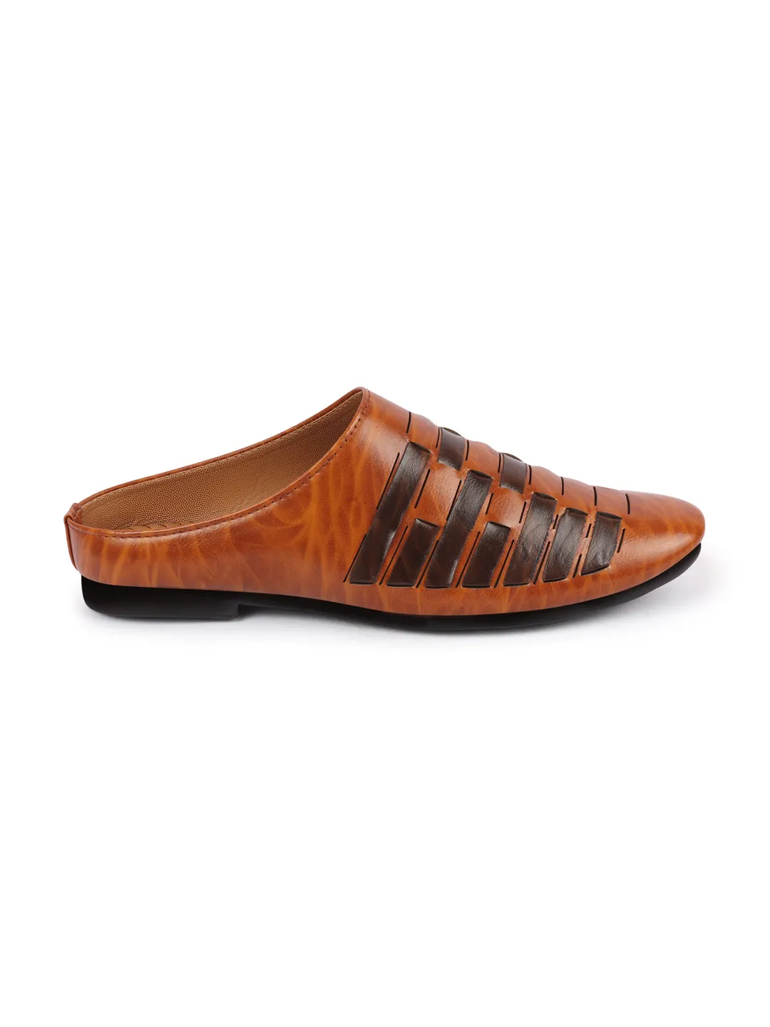 Men Tan Back Open Knitted Ethnic Mules Wedding Shoes