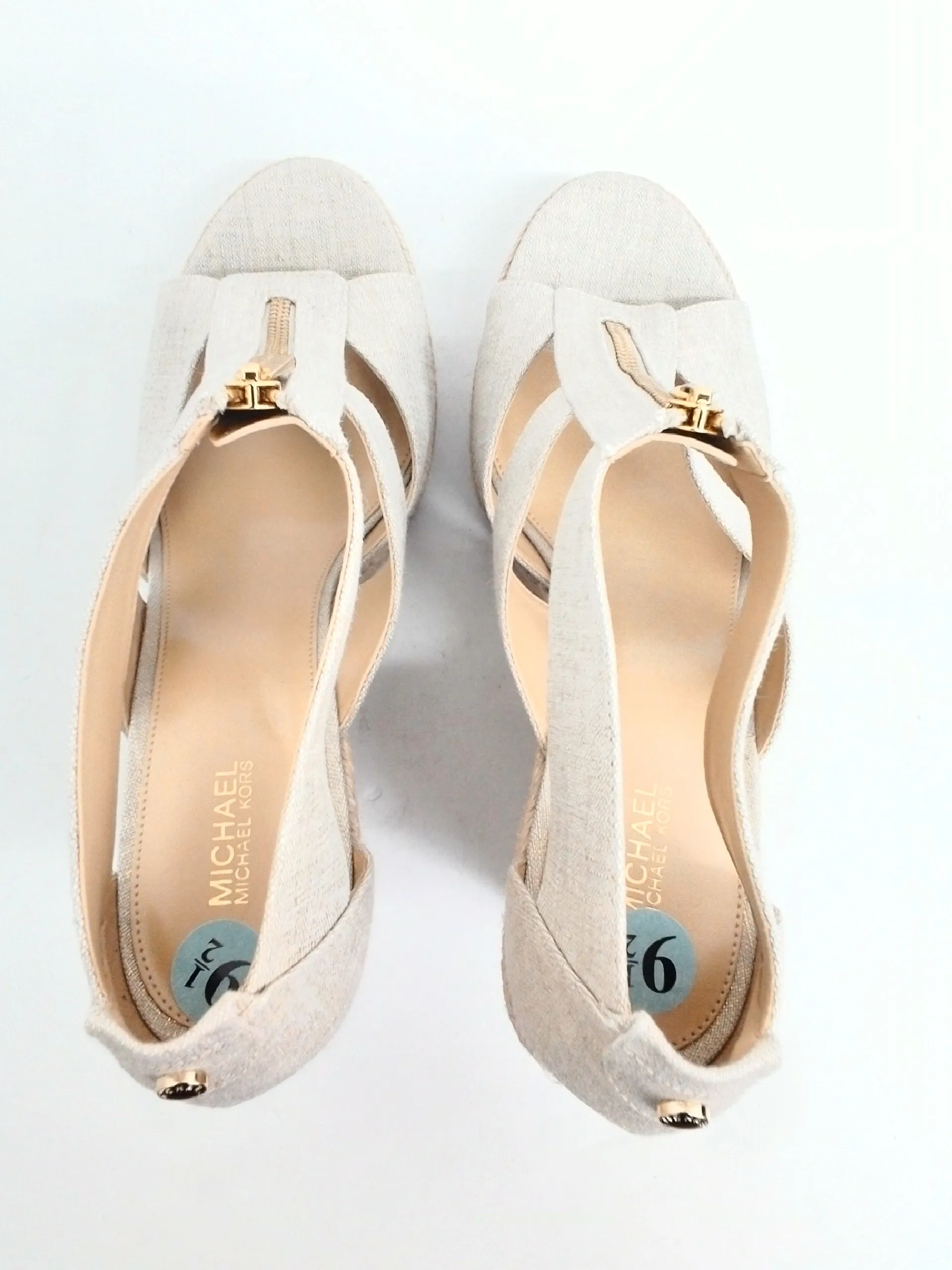 Michael Kors Women's Beige & Gold Wedge Espadrille Sandal Size 9.5 M