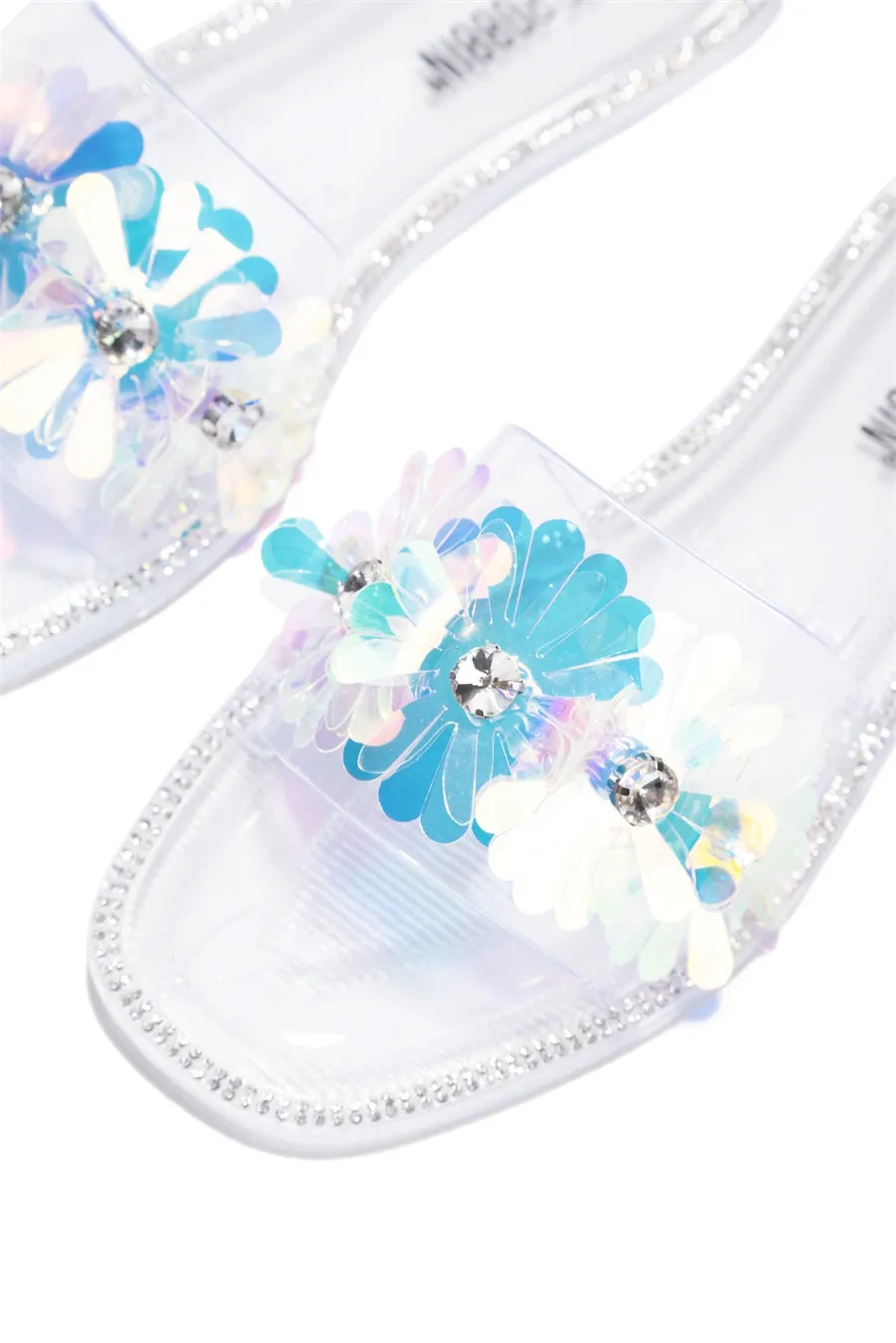 Rhinestone Trim Clear Slide Sandals