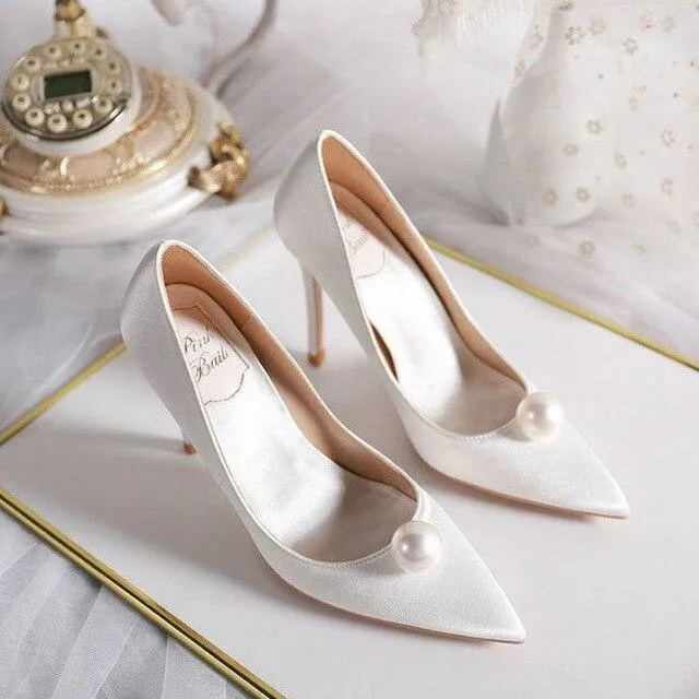 Silk Pearl Wedding Heels Pumps Shoes