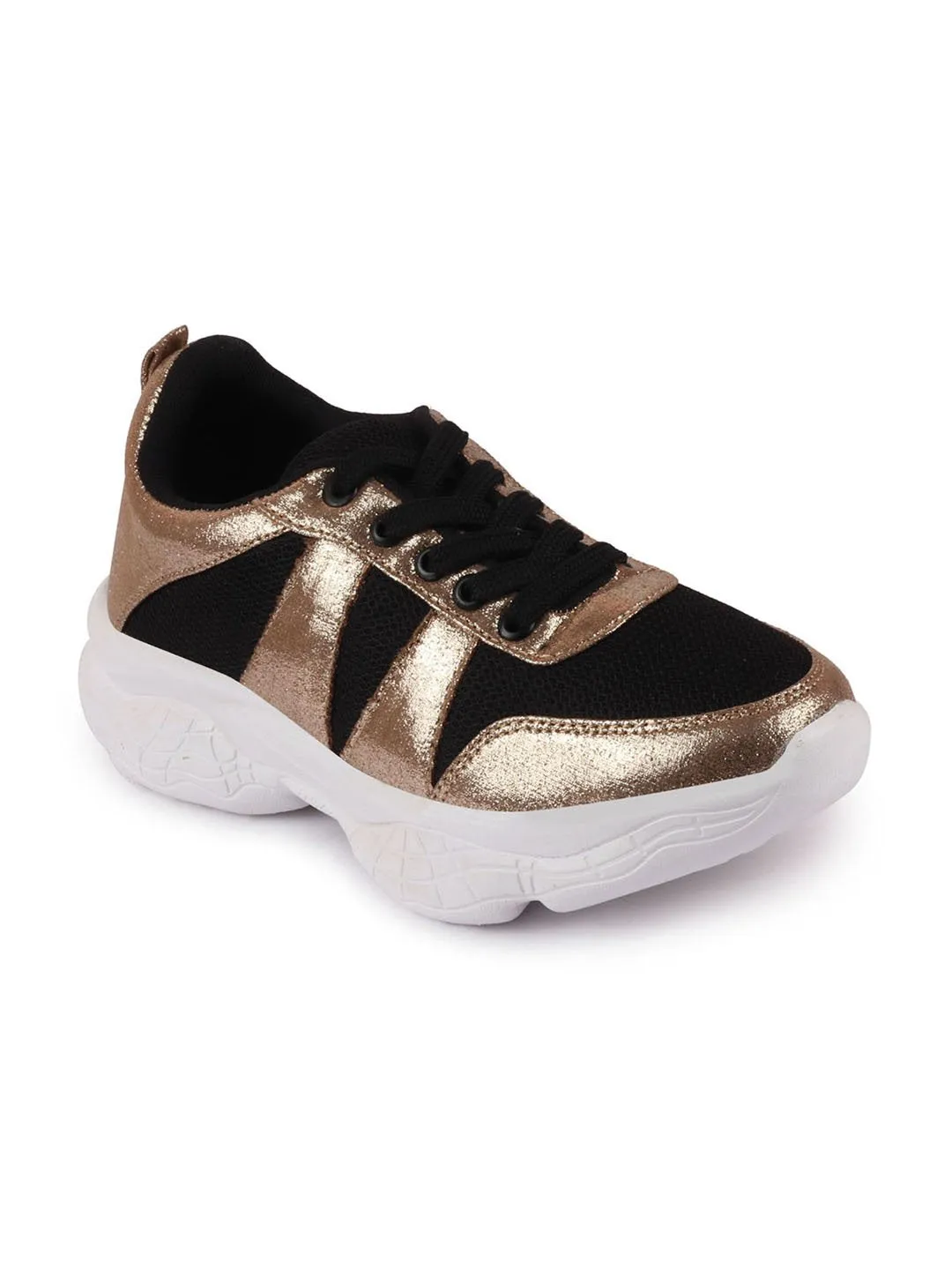 Women Black/Golden Lace Up Sneakers