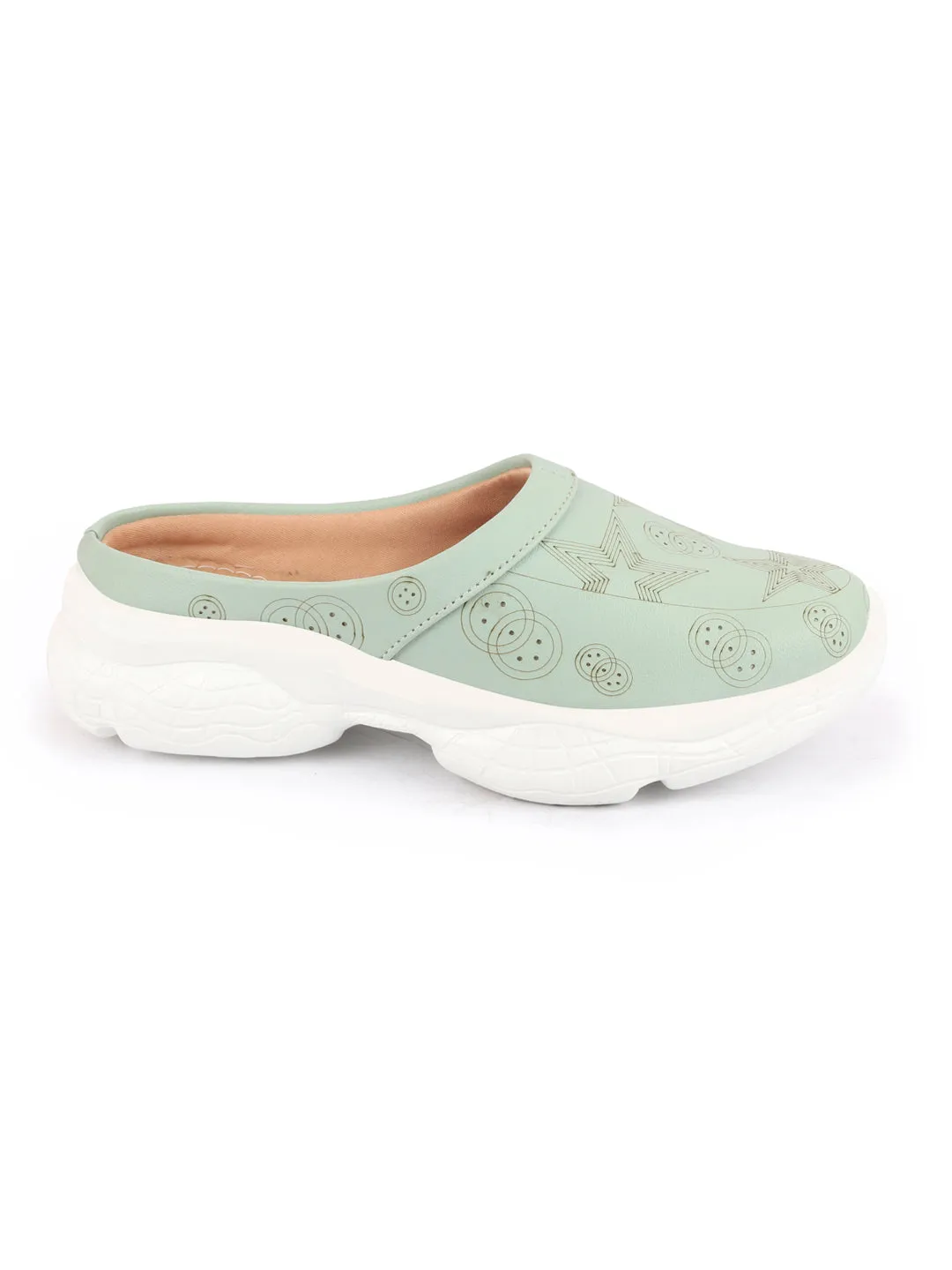 Women Parrot Green Laser Cut Star Design Back Open Slip-On Mules Shoes