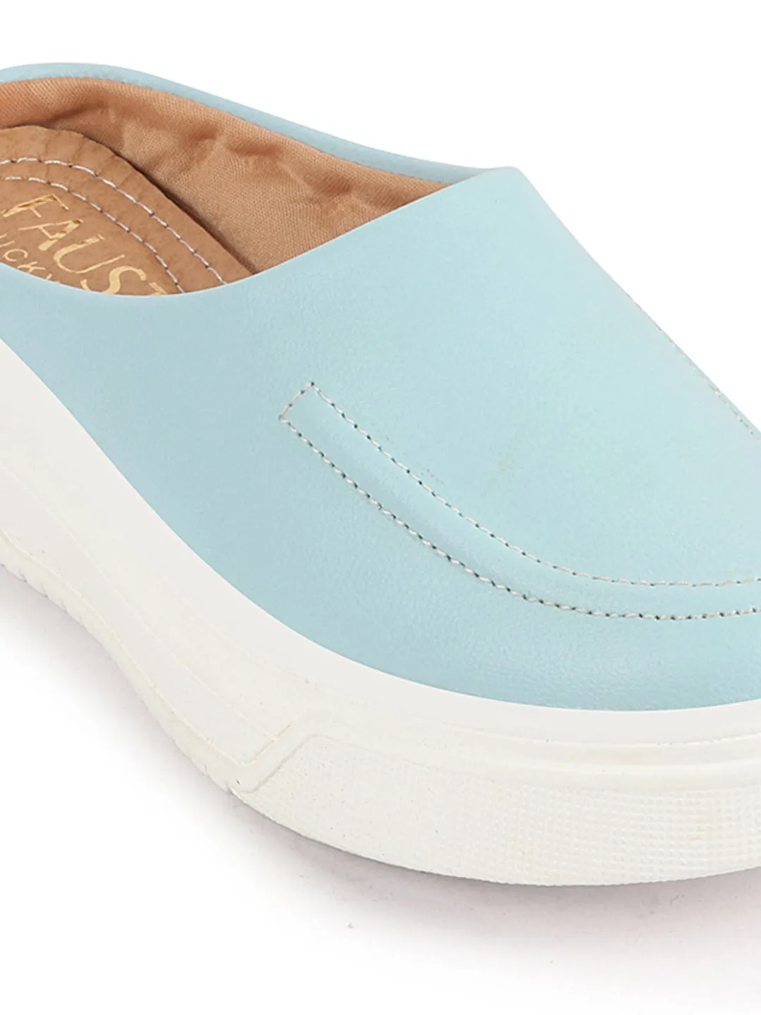 Women Sky Blue Outdoor Fashion Stitched Design Open Back Platform Heel Slip On Casual Shoes