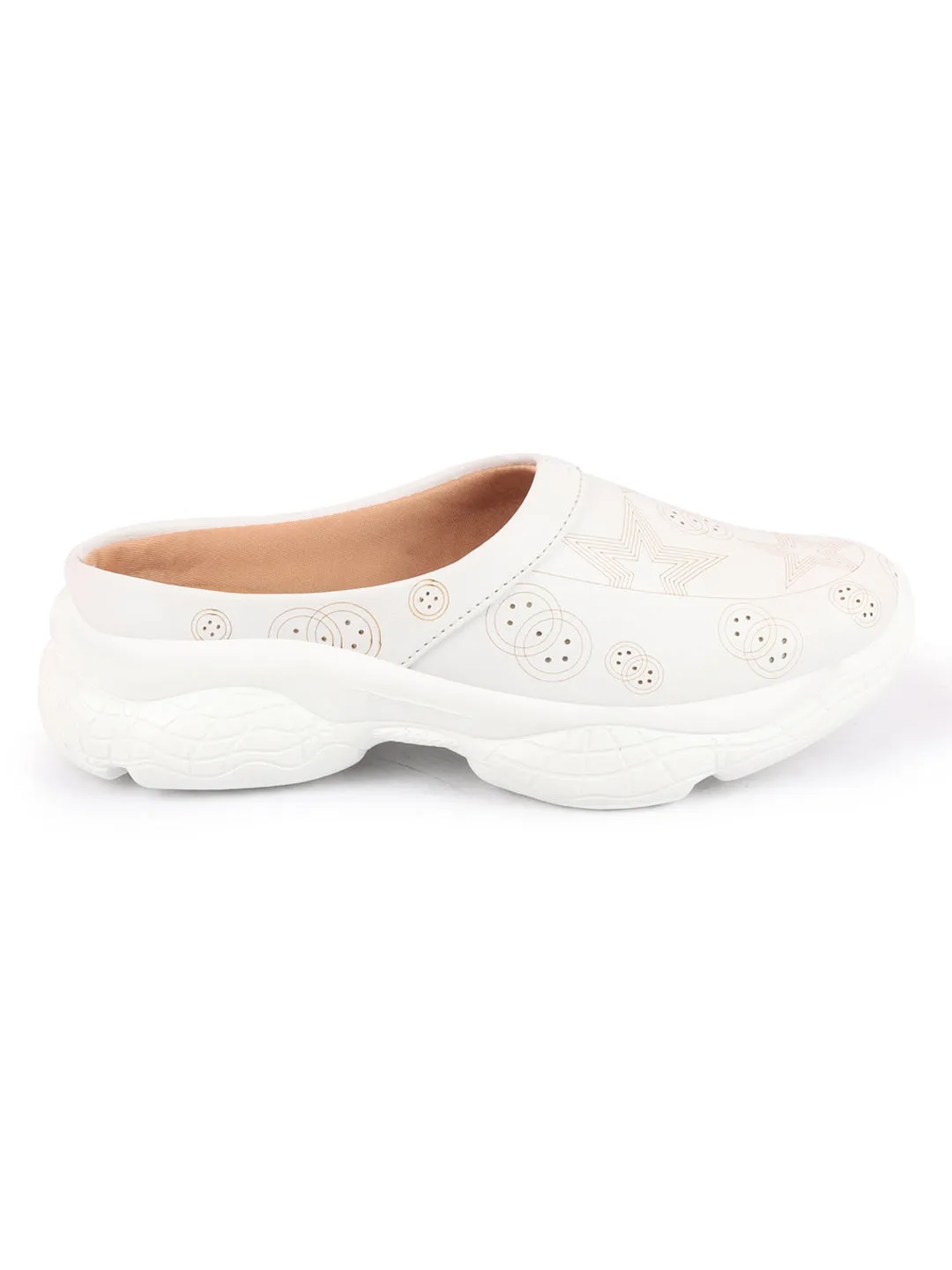 Women White Laser Cut Star Design Back Open Slip-On Mules Shoes