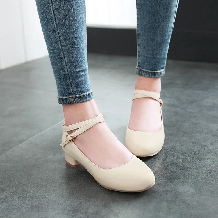 Women's Ankle Strap Chunky Pumps Low Heels Shoes