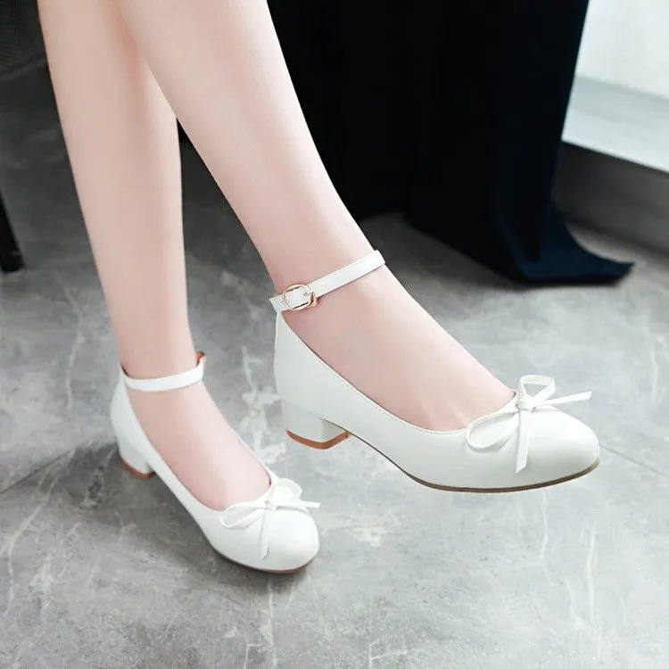 Women's Ankle Strap Knot Chunky Heels Pumps Shoes