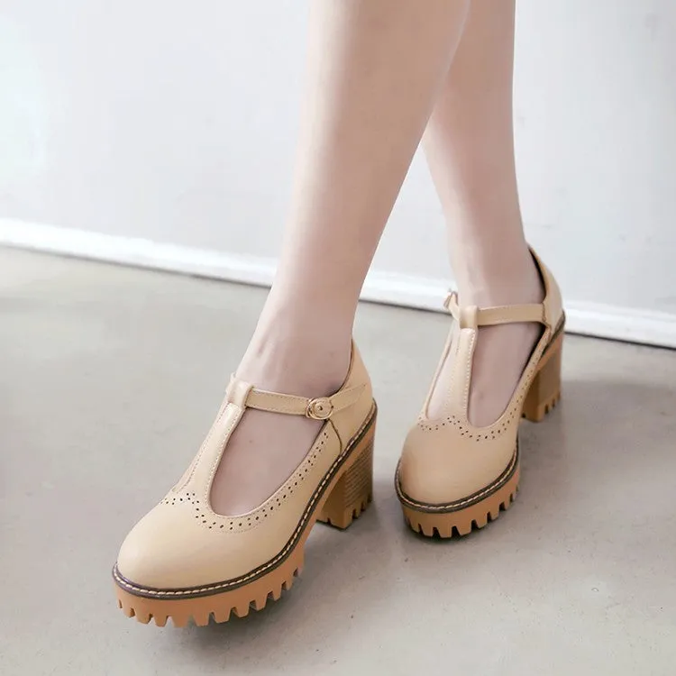 Women's T Strap High Heels Chunky Pumps Shoes